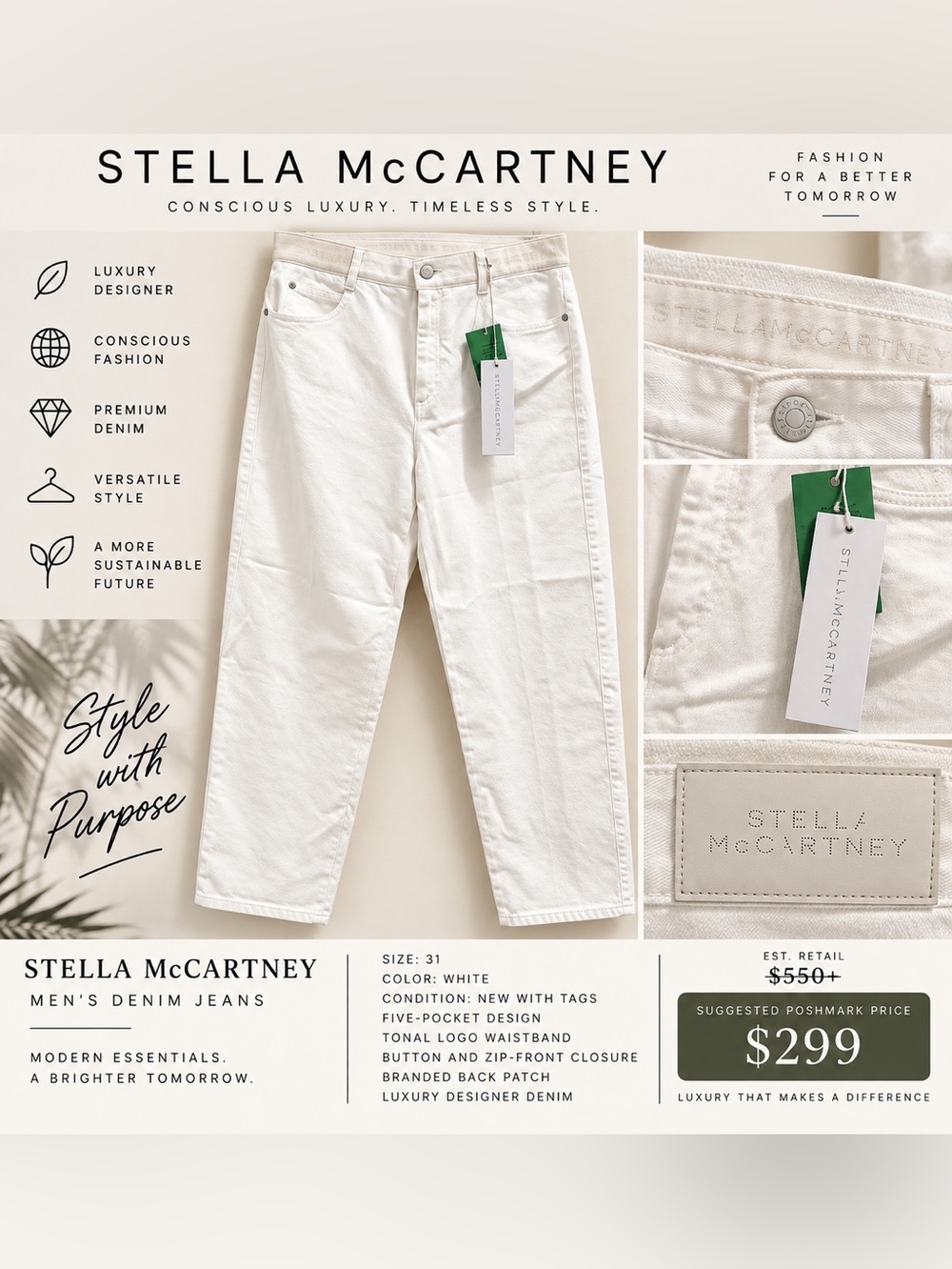 NWT Stella McCartney Women's White Logo Straight-Leg Jeans - size 31